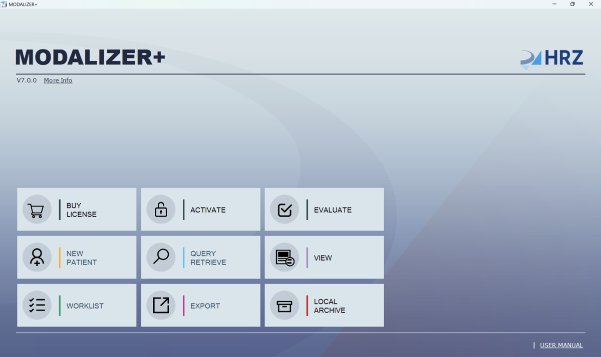 MODALIZER+ unactivated with Buy License, Activate, and Evaluate buttons at the top; View and Local Archive are enabled while New Patient, Query Retrieve, Worklist, and Export are disabled