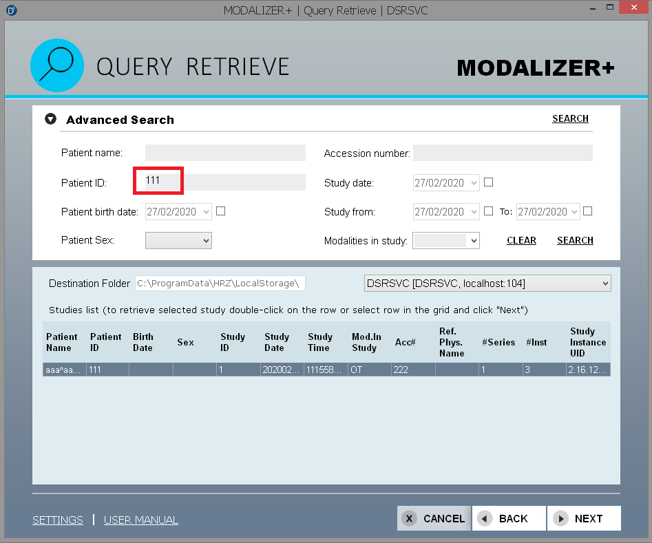 MODALIZER+ launched from the command line directly into a Query/Retrieve search