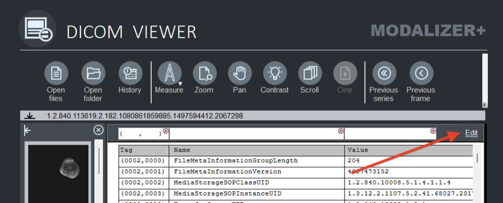 MODALIZER+ DICOM header view with the Edit button highlighted, entering DICOM Editor edit mode