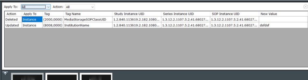 MODALIZER+ DICOM Editor review screen listing pending edits by action, tag, and new value