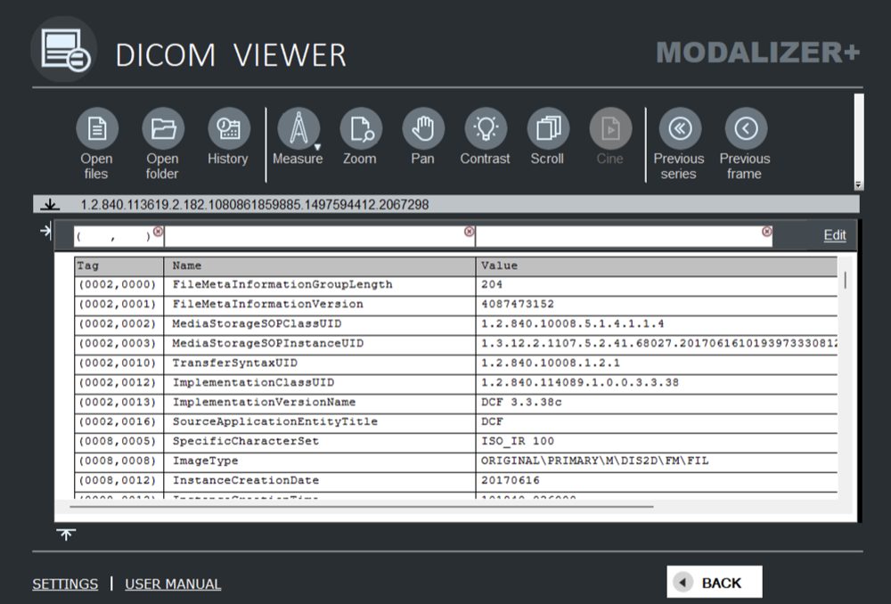 MODALIZER+ DICOM header view showing DICOM tags and data elements