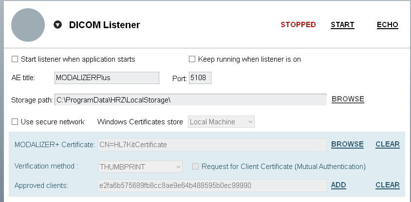 MODALIZER+ DICOM Listener configuration panel with AE title and port settings