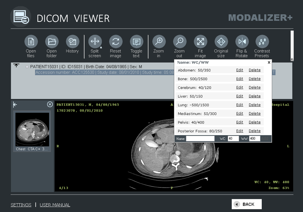 MODALIZER+ Hounsfield unit contrast presets list for CT window/level adjustment