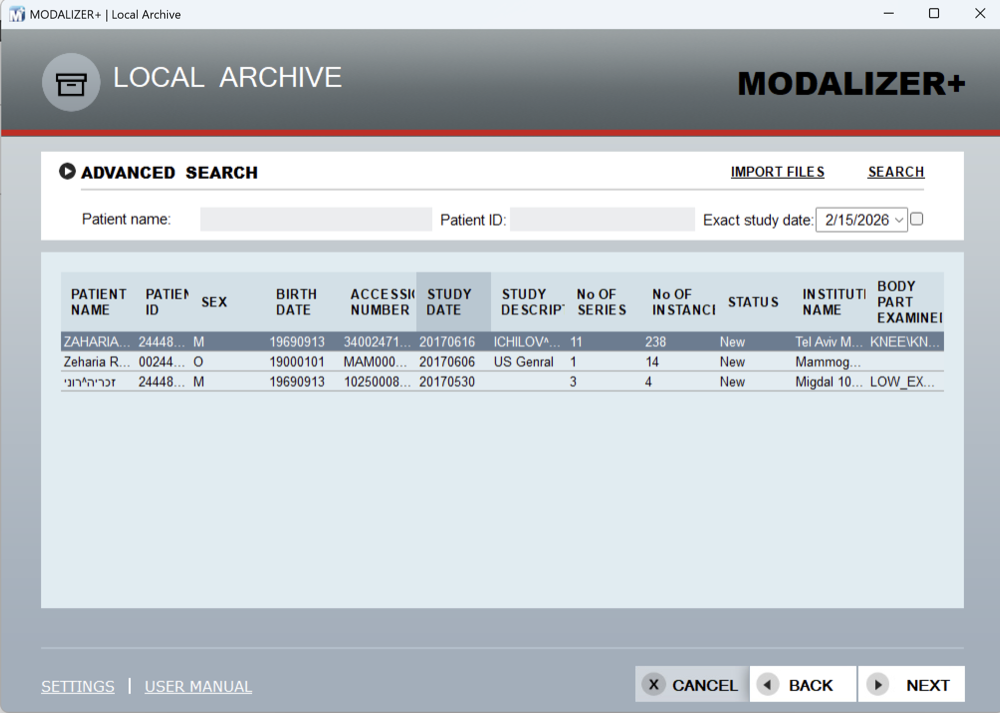 MODALIZER+ Local Archive screen showing search results sorted by study date