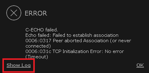 MODALIZER+ error dialog with an option to open the relevant log file