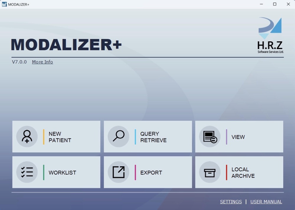 MODALIZER+ V7 main menu with New Patient, Query Retrieve, View, Worklist, Export and Local Archive