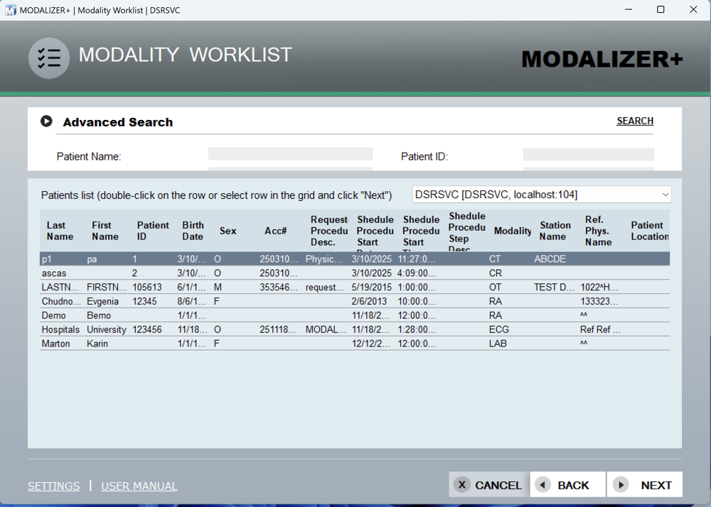 MODALIZER+ Modality Worklist query screen listing scheduled procedures