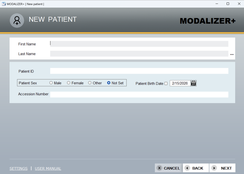 MODALIZER+ New Patient form for entering patient demographics