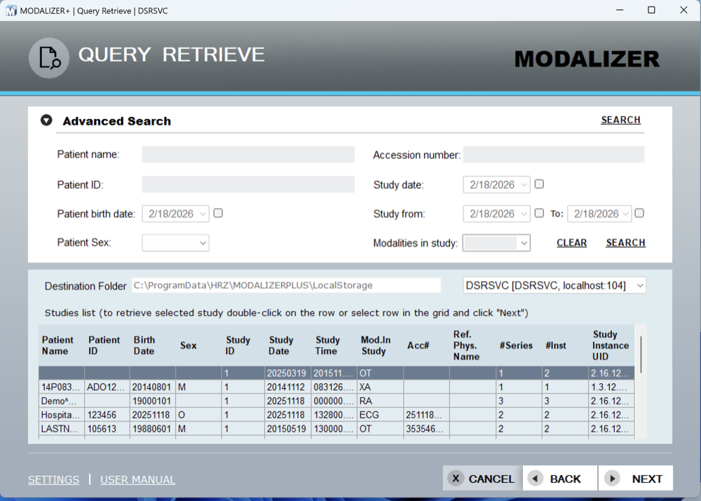 MODALIZER+ Query/Retrieve screen searching a PACS Storage Server