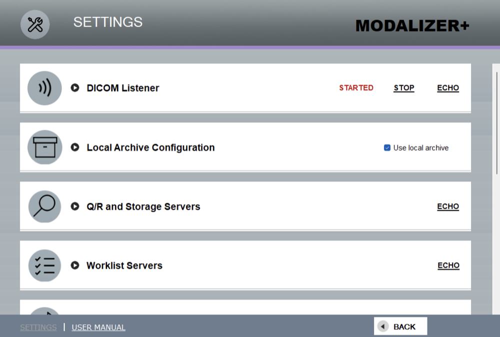 MODALIZER+ Settings menu listing DICOM Listener, Local Archive, Q/R and Storage Servers, and Worklist Servers